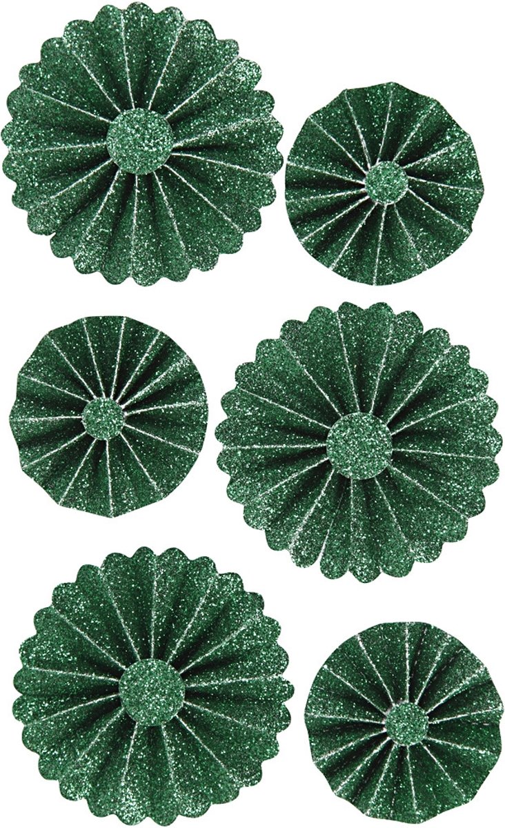 Rosettes, d: 35+50 mm, groen glitter, 6stuks [HOB-24781]